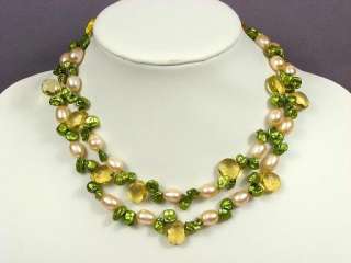Necklace 2S Green Keishi Pearls and Crystal Facet Drops  
