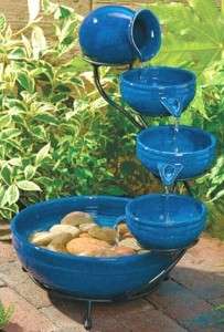 Blue Ceramic Cascade Solar Outdoor Water Fountain  