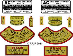 FRAM, Willys MB, MA, M38, CJ2a, AC fuel strainer decal, Oil filter 