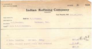 Indian Refining Company Fort Wayne Indiana Billhead  