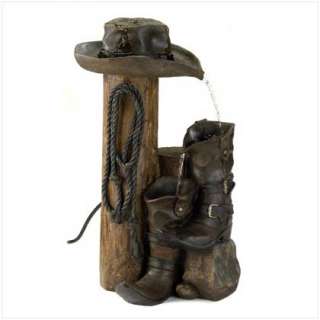Western Garden Water Fountain Cowboy Hat Boots Rope  