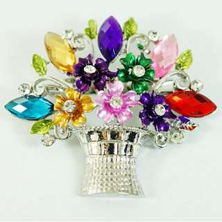   Vase Silver Plated Leaf Gemstone Zircon Brooch Pins Jewelry  