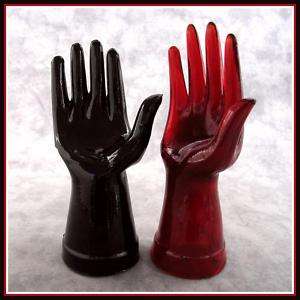 BLACK AND RED GLASS MANNEQUIN JEWELRY RING DISPLAY HANDS  