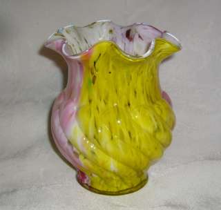 ANTIQUE CASED END OF DAY YELLOW PINK SPATTER GLASS VASE  