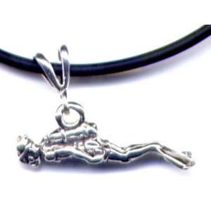 Scuba Diver Pendant 16 Black Cord Necklace Sterling Silver Jewelry 