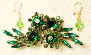   jewelry set pin brooch earrings green glass crystal gold tone pierced