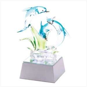 Spun Glass DOLPHINS w/ Gold Accents STATUE/Figurine on LED Light Base 