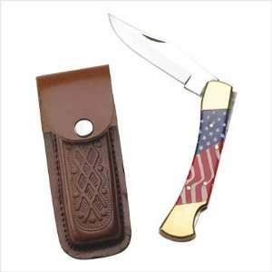 Patriotic Usa Vintage Folding Pocket Knife Leather Case  