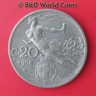 ITALY 1908 R 20 CENTESIMI 21.5mm Nickel coin KM#44  
