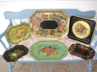   Green Signed Hand Painted Flowers Vintage Interior Nashco Tole Tray