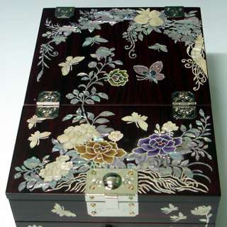   Pearl Inlay Brown Wood Keepsake Jewelry Mirrored Drawer Chest Box Case