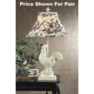  French Country Rooster Lamp Pair Black Toile Shades