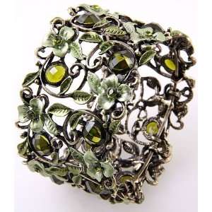   Metal Green Rhinestone Acrylic Jewelry Flower Cuff Bangle Bracelet