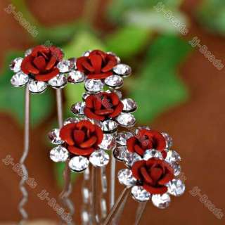 50PC Rhinestone Crystal Red Rose Flower Hair Pins Wedding Party Bridal 