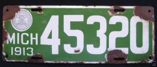 1913 MICHIGAN PORCELAIN single license plate 45320  