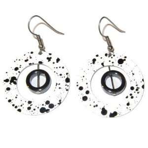  Hematite Earrings 03 Hoop Cow Black White Circle Crystal 