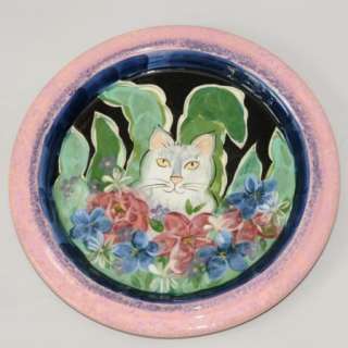 Lesal Ceramics Plate I,Magnin Signed Dish Cat Flowers Blue  