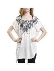 DOUBLJU Womens Casual black feather print t shirts(WY003T)