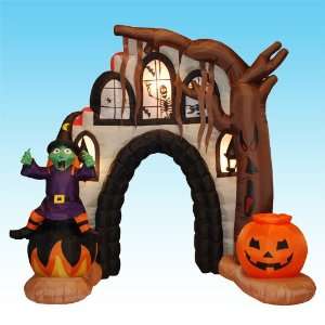 Foot Halloween Inflatable Witch + Pumpkin in Front of Haunted House 