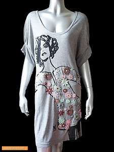 NWT M MISSONI Cotton Beaded Flower Tunic LONG T Shirt Dress Gray Top 