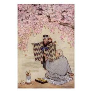Japanese Mother and Infant Meeting a Poet under a Cherry Tree Premium 