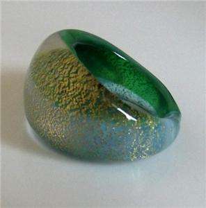 MURANO GLASS GREEN BLUE 22 CARAT GOLD FOIL BOLD RING size  N NEW 