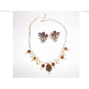   Pale Yellow & Brown Rhinestone Necklace & Earrings 