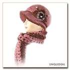 Knit Crochet Winter Hat & Scarf set Flowers Rhinestone & Fur details 