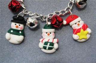 Polymer Clay Snowman Jingle Bells Christmas Charm Art Bracelet 