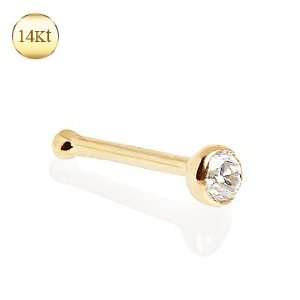  14Kt. Gold Stud Nose Ring with Clear Press Fit CZ   20g (1 