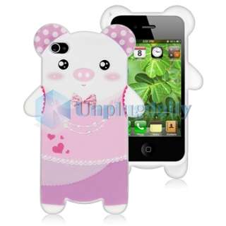 Clear Crystal +Pink TPU Trim Pig Skin Case Cover For iPhone 4 4S 
