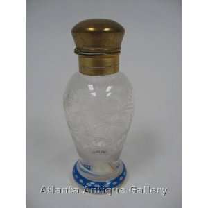 Antique Blue Cut to Clear Etched and Engraved Perfume Bottle, Hinged 