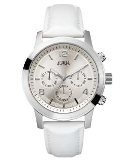 NEW GUESS MEN SS SILVER CHRONOGRAPH WHITE LEATHER STRAP CUFF WATCH 