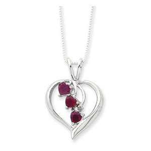   Silver Heart Cascading Genuine Ruby Necklace   18 Inch   Spring Ring