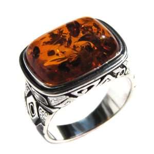  Mens Ring Baltic Honey Amber and Sterling Silver Mayan Design Ring 