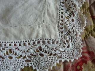 Vintage white linen embroidered tablecloth + lace trim  