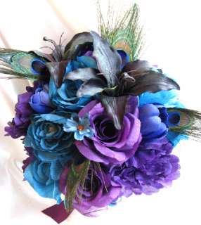   Bouquet Bridal Silk flowers PURPLE TURQUOISE ROYAL PEACOCK LILY 17pc