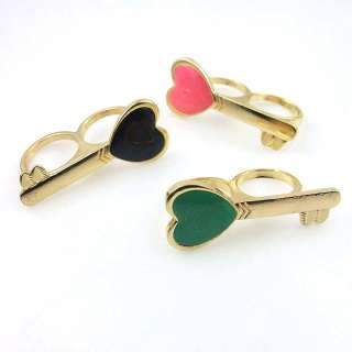 Chic Gold Toned Metal Heart Key Two Double Finger Ring  