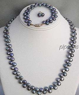 AA 14K 2 Row Black Pearl Necklace Bracelet Earrings Set  
