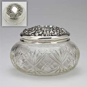  Dresser Jar, Glass w/ Sterling Lid Rose & Scroll Design 