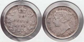 1899 QV Silver Coin 10 ct Canadian Dime ~ Large 9s  