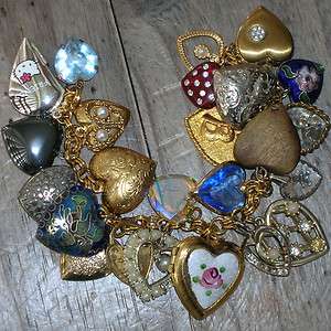 Vintage Puffy Hearts Heart Charm Bracelet Guilloche Rhinestone Hello 