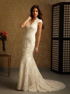Ivory Chapel length V Neckline Lace Wedding Bridal Dress Cap Sleeve 