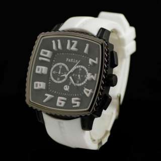 New Mens Sport Square Big Dial White Rubber Silicon Band Wrist Watch 