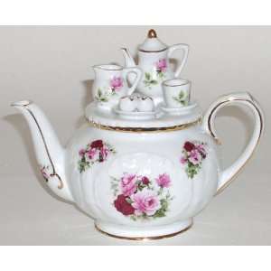   Summer Rose 4 cup porcelain teapot with teaset on lid