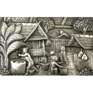  Repousse panel, Traditional Thai village, the Well