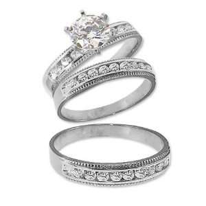  14k White Gold, Trio Three Piece Wedding Ring Set with Lab 